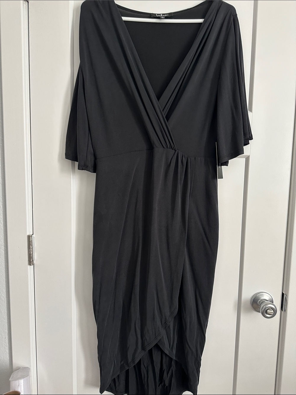 Lulus Black Surplice Midi Dress with Flutter Sleeves